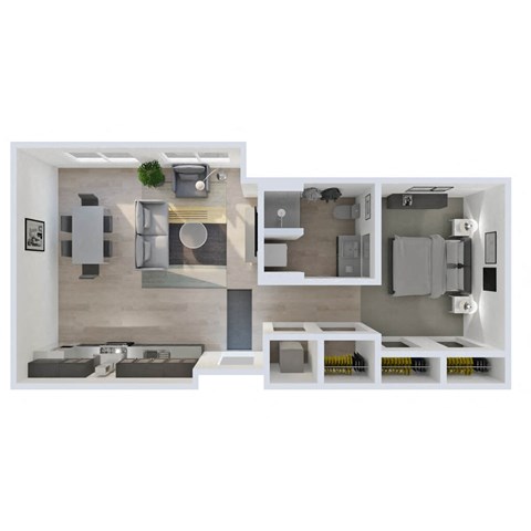 Floor plan for 1 bed, 1 bath, 638 sqft